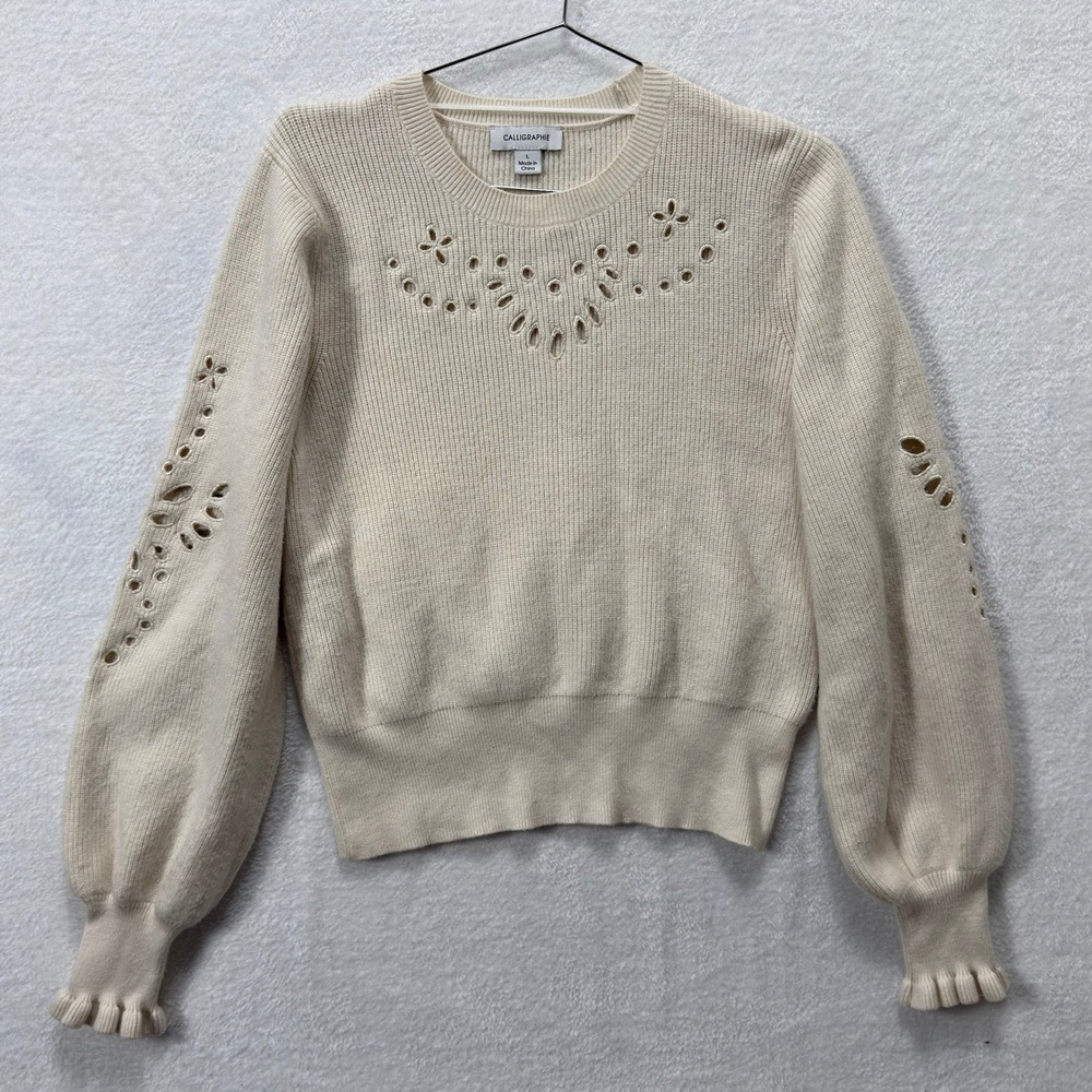 Calligraphie Anthropologie Eyelet Sweater Womens L Cream Boho Balloon Sleeve